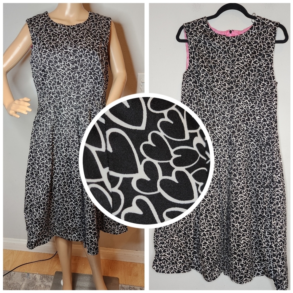 Cynthia Howie‎ Heart Print Fit And Flare Sleeveless Dress Black White Size 12